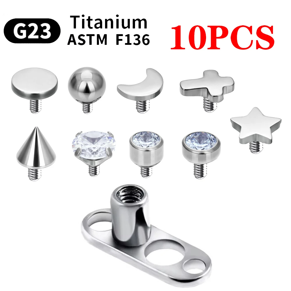 

10pcs ASTM F136 Titanium 14G 2-Hole Internally Threaded CZ Dermal Anchor Tops and Base Microdermals Piercing