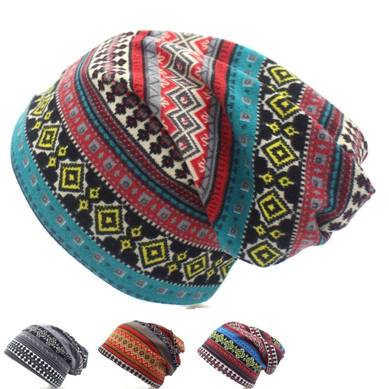 Ethnic Style Slouchy Beanies Hat Fashion Colorblock Hair Cover Skullies Caps Women Men Holiday Casual Scarf Hats Autumn Winter