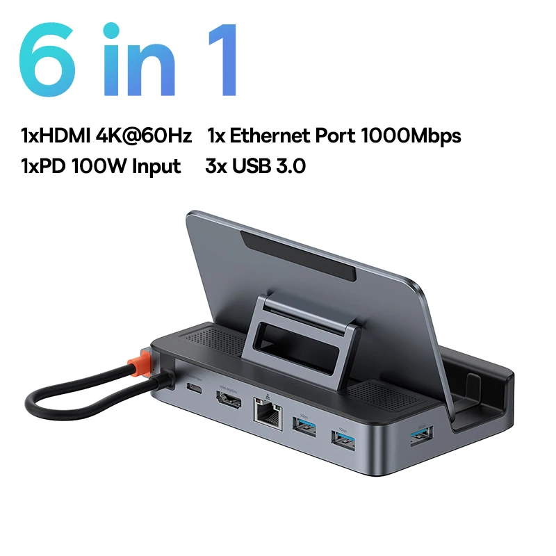 Baseus USB C Docking Station voor Steam Deck Nintend Switch 6-in-1 Type C naar 4K@60Hz HDMI-compatibele Gigabit Ethernet USB 3.0 Hub