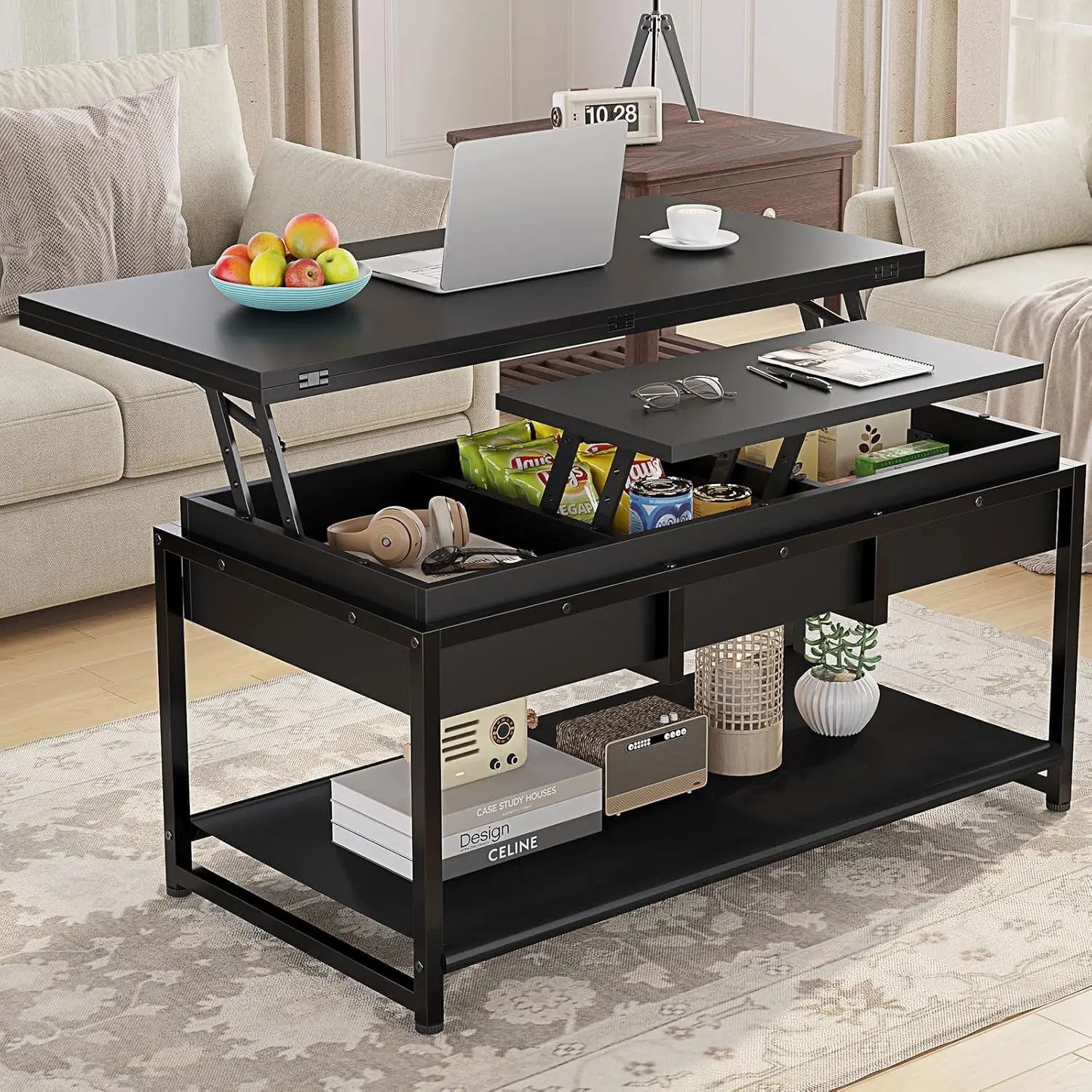 Itaar Lift Top Coffee Table,4 in 1 Coffee Tables with Storage for Living Room, Farmhouse Coffee  Converts to Dining Table, Black