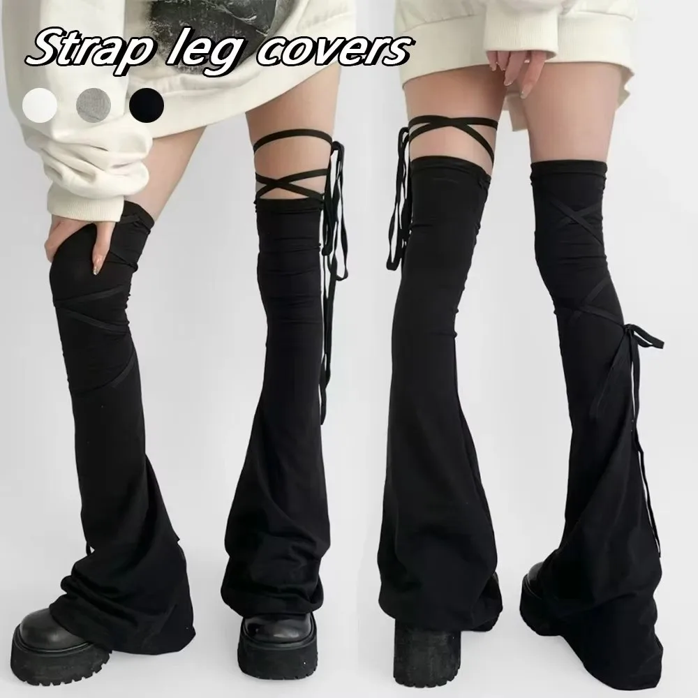 Y2K Over Knee High Sock Lace Up Closure Korean-Style Lolita Flared Sock Solid Color Breathable Knee-high Leg Cuffs Daily Wear