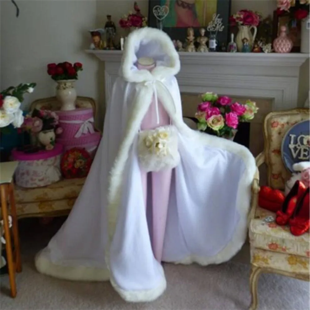 Bridal cloak ivory faux fur trim bridal wedding accessories coat hooded shawl length 170cm from shoulder to trailing