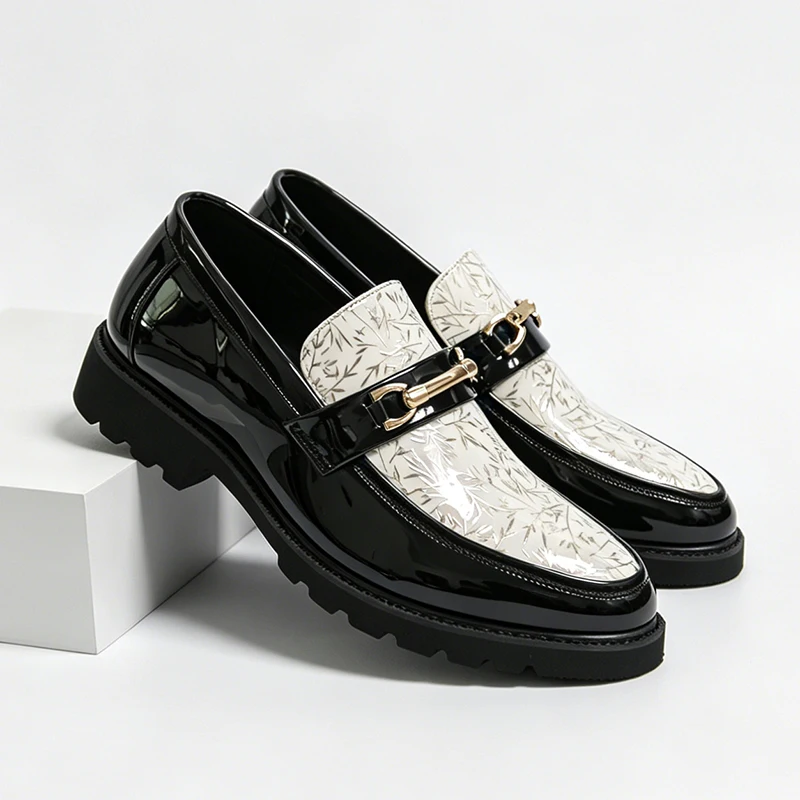 Men Two Tone Bamboo Print Patent Leather Loafers Metal Horsebit Slip On Formal Dress Shoes For Wedding Club Business Daily Shoes