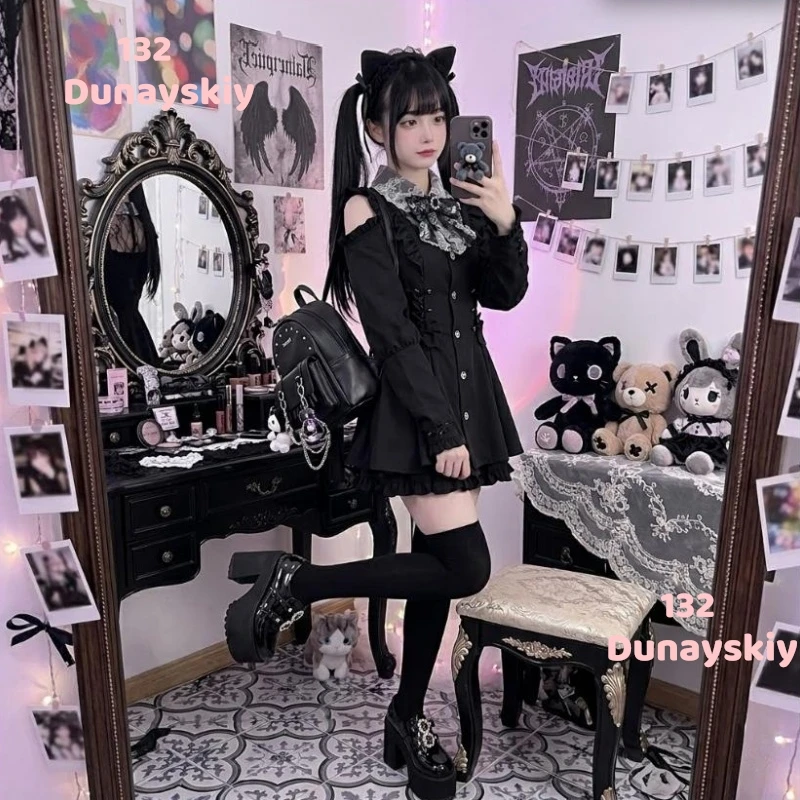 

Jirai Kei Gothic Lolita Dress Sparkling Rhinestone Bow Design Lace Off Shoulder Long Sleeve Slim Y2K Aesthetic Casual Outfit