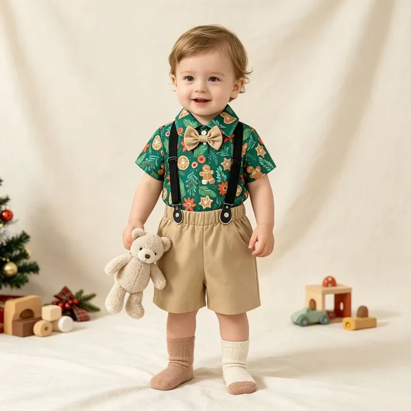 Newborn Infant Toddler Baby Boy Christmas Romper Outfit Set Green Gingerbread Orange Print Shirt With Bow Tie Khaki Shorts 0 36M
