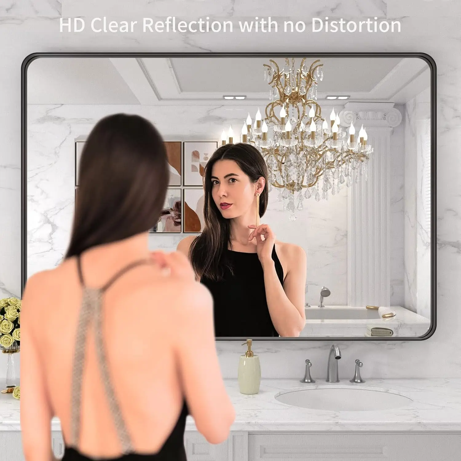 48X32 Inch Black Metal Framed Wall Bathroom Mirror Matte Black Rounded Rectangle Vanity Mirror Anti Rust Tempered Glass Hangs Ho