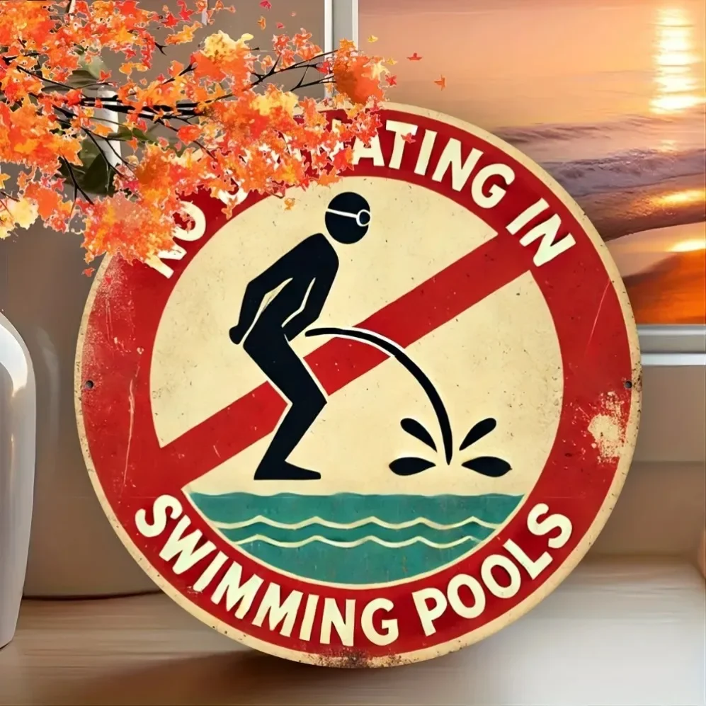 Vintage 'No Urinating in Swimming Pools' Metal Sign – Retro Iron Wall Art with Bold Red Borders | Poolside Decoration