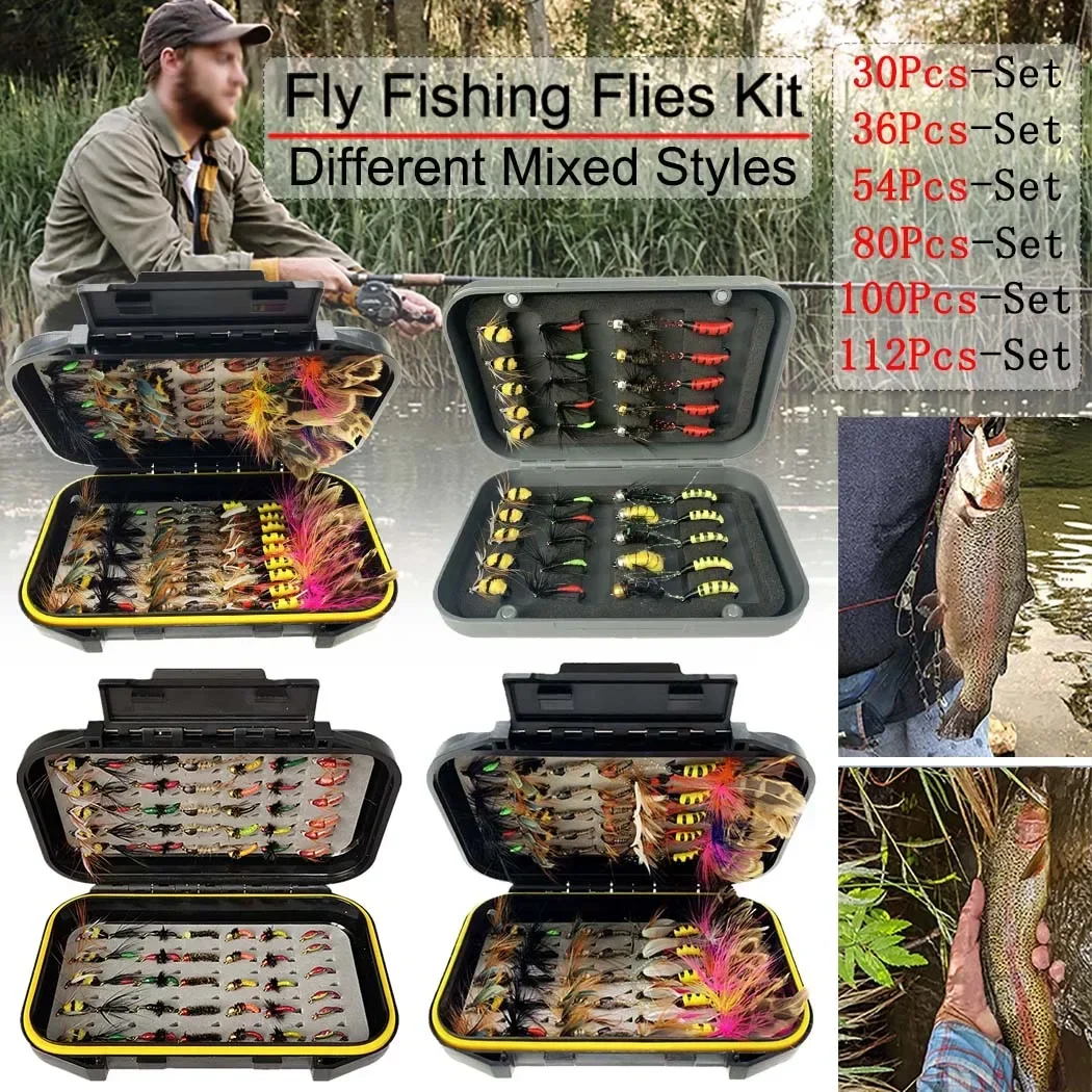 

Fly Fishing Flies Kit 30-112pcs Fishing Lures - Dry Wet Nymph Fishing Fly Set for Trout