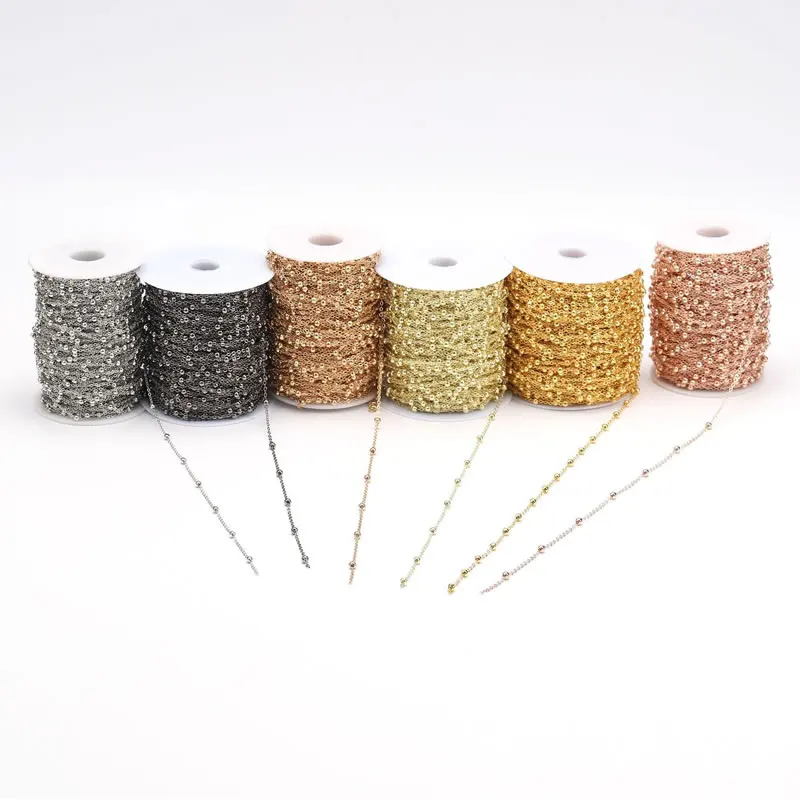 2/5yard Necklace Chains with 4mm Beads Rhodium/Silver/KC Gold/Antique Bronze Color Flat Chain for DIY Jewelry Making 5Colors
