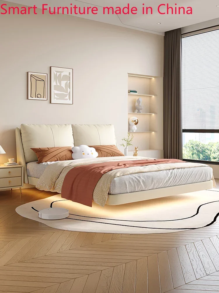 

bed Cream air suspension modern simple Italian light luxury leather high-end soft bag suspended leather