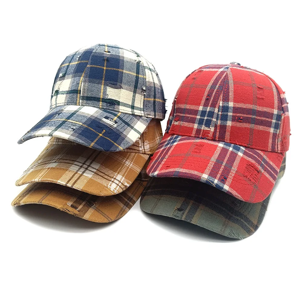 Spring Autumn New Broken Hole Hat Classic Plaid Baseball Cap Men Women Hardtop Face Enhancing Small Duckbill Cap Sunscreen Cap