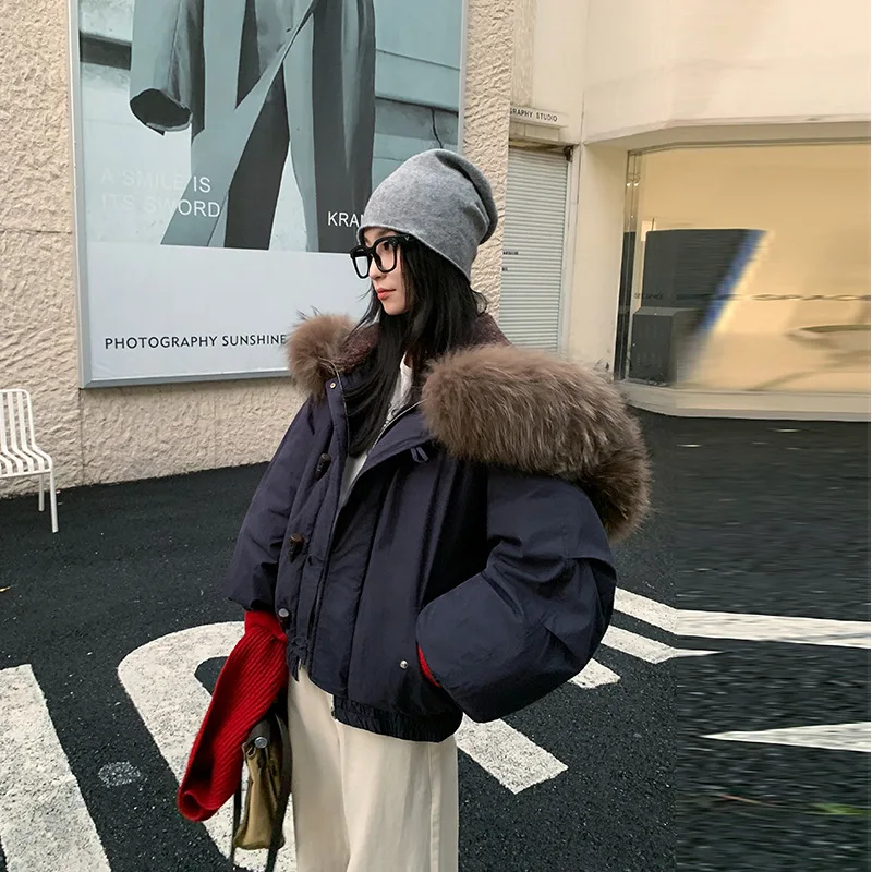 

Корейская версия, парка для девочек, куртка на хлопковой подкладке, утепленная зимняя женская куртка-пуховик в стиле ретро с пряжкой из коровьего рога и меховым воротником, теплое пальто
