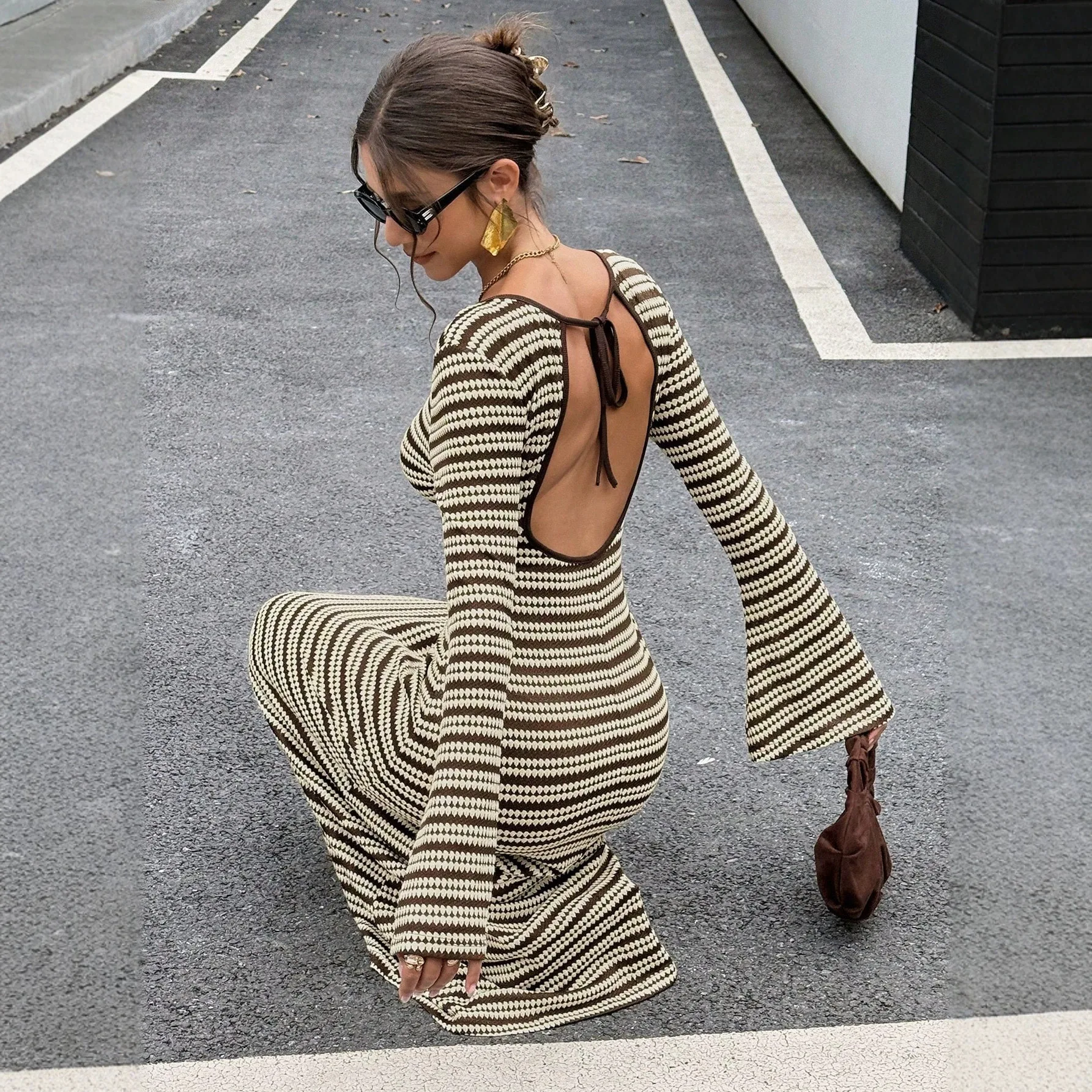 Women's Autumn Winter Striped Backless Bell Long Sleeve Knit Dress