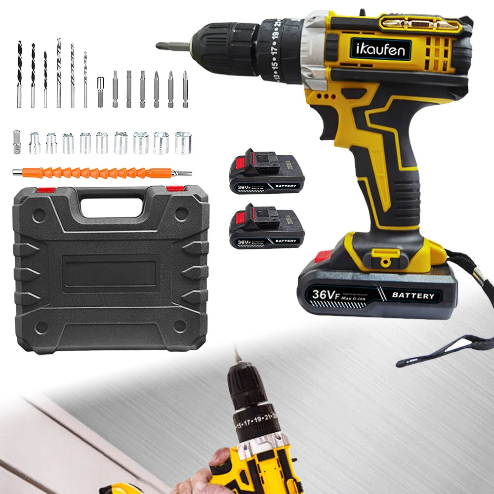 Kit de perceuse à percussion 3-en-1 21V – 25+3 réglages de couple, tournevis électrique à 2 vitesses, mandrin en acier de 0,8 à 10 mm, lampe de travail LED, 2 batteries rechargeables, comprend des forets et des douilles, gants de travail offerts, idéal pour le bois, le métal, les murs en ciment et les projets de bricolage domestique.