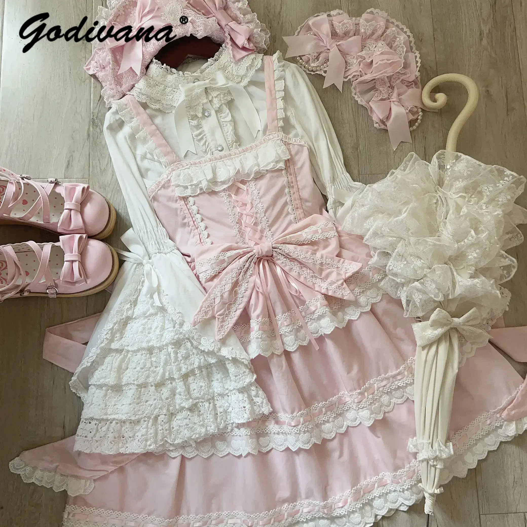 

Original Sweet Lolita Cos Dress Set New Spring Summer Female Girl Bow Jsk Dress and Shirt Bnt Princess Outfits