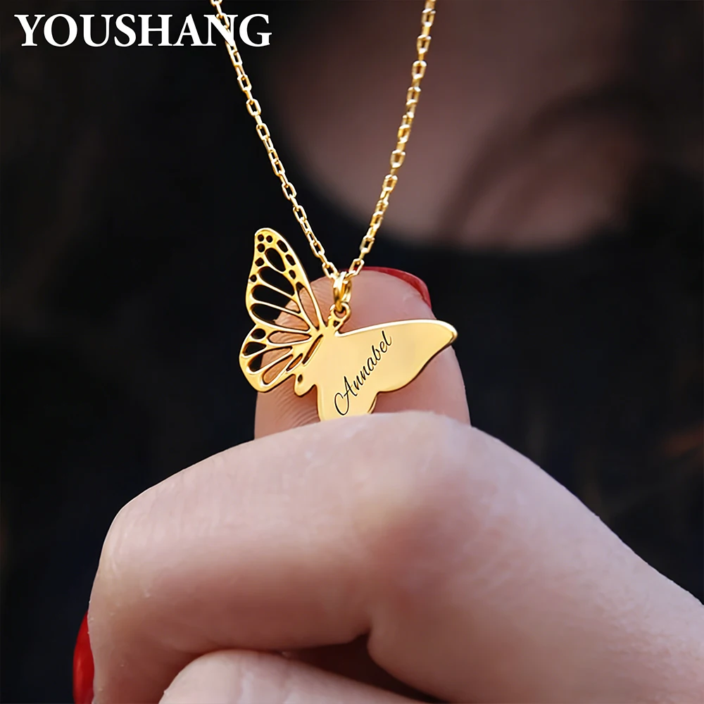

Custom Name Butterfly Necklace Personalized Engraved Pendant with Hollow Wings, Gift for Women Girls Mom Daughter.