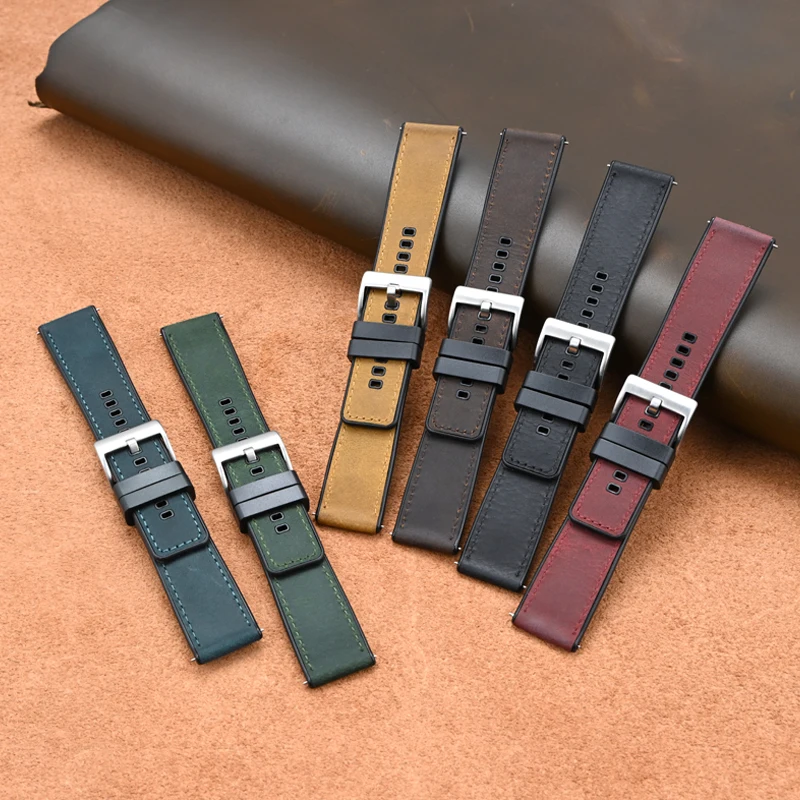 Crazy Horse Leather & Rubber Strap 20mm 22mm 24mm Quick Release Waterproof Men Women Retro Universal Bracelet Watch Band