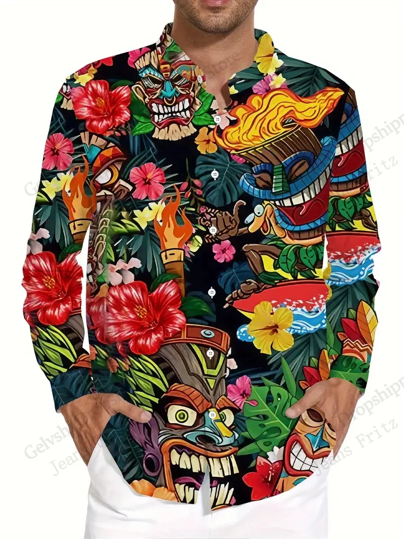 

Mens Long Sleeve Hawaiian Shirt Skull Parrot Floral Print Shirt Men Women Fashion Casual Button Up Shirts Party Beach Blouse