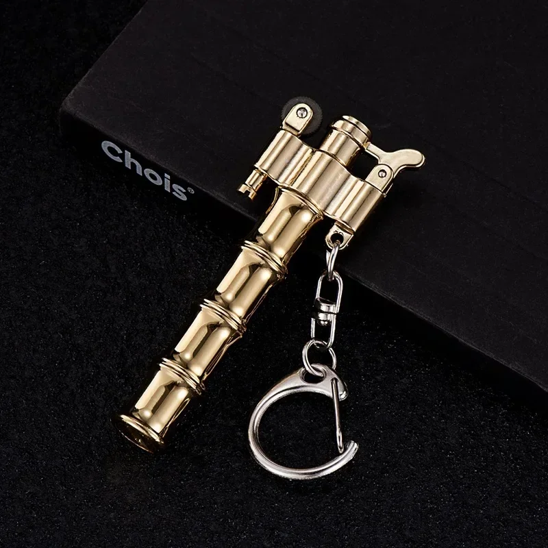 Brass keychain open flame lighter, bamboo mini metal lighter classic retro grinding wheel ignition gift men\'s smoking accessor