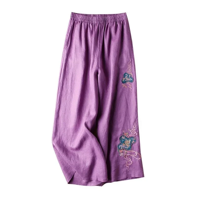 코튼 린넨 자수 와이드 레그 팬츠 여성 여름 신상 바지 루즈핏 밴딩 하이웨이스트 얇은 스트레이트 캐주얼 트라우저 팬츠