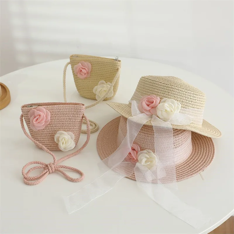 Kids Girls Large Wide Brim Flower Straw Hat And Shoulder Bag Woven Set Sun Protection Beach Hat Summer Floppy Bucket Cap Gorras