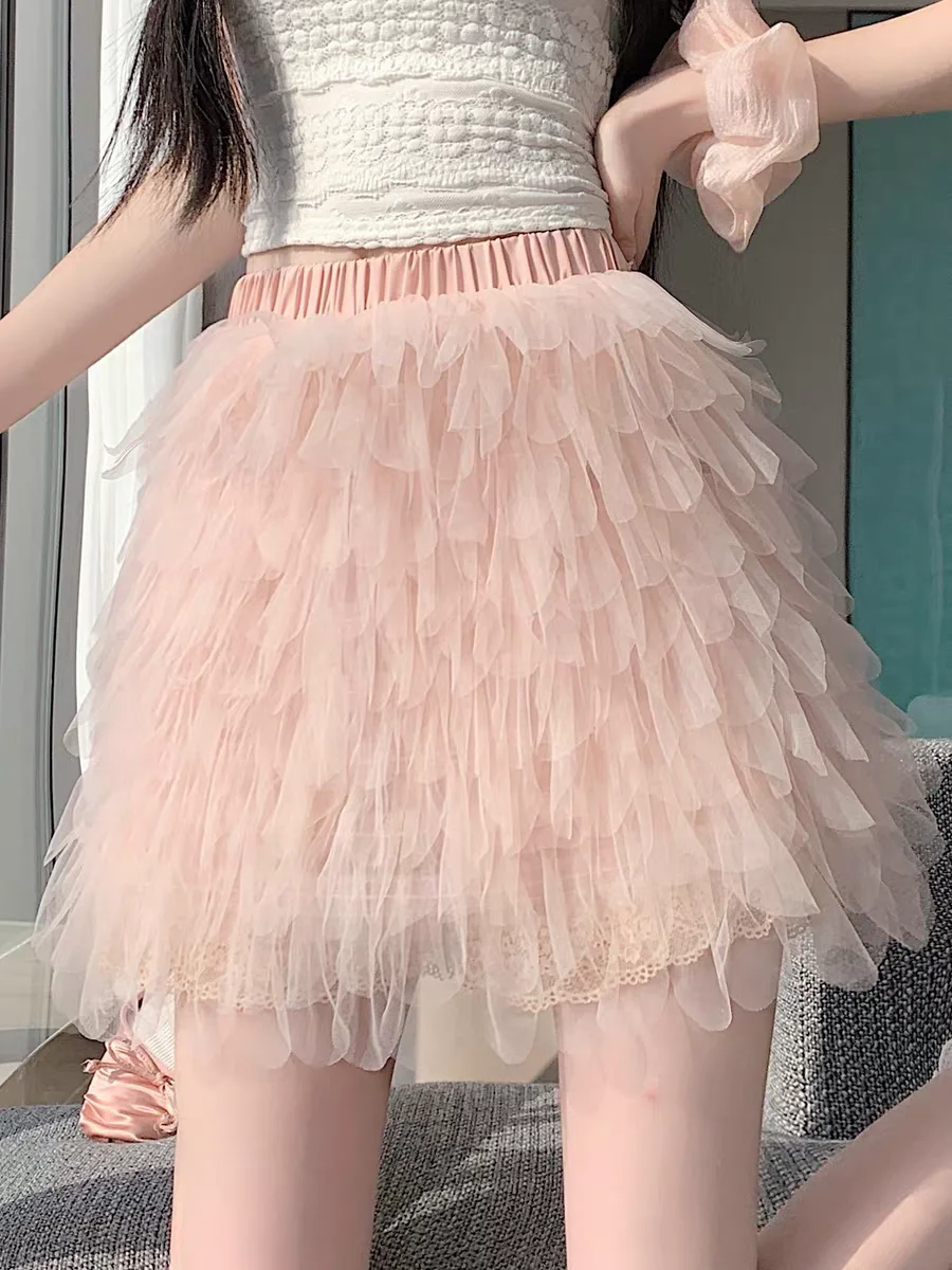 

Balcore Style Pink Skirts for Girls, Spring Summer Mesh A-Line Short Skirt, Floral Petal Elastic Waist Cute Slim Fit Dance Skirt