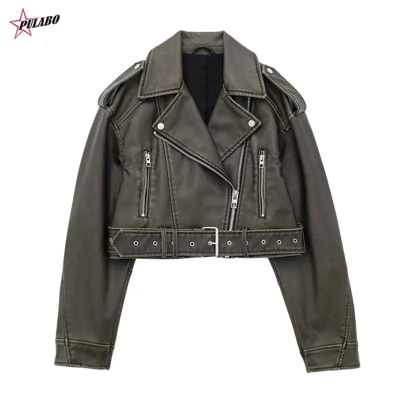 PULABO Women Vintage Loose Washed Faux Leather Short Jacket Streetwear Female Zipper Belt Moto Biker Retro Coat Outwear Tops