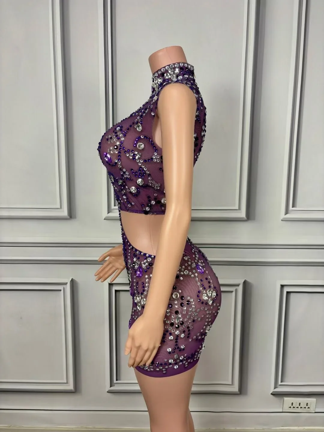 Luxury Rhinestones Mesh See Through Cut Out Sexy Mini Dress Party Club Birthday Evening Celebrate Prom Gowns Stage Wear