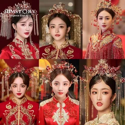 HIMSTORY Chinese Vintage Red Hairpins Brides Hair Accessories Classical Wedding Headdress Jewelry Xiuhe Costume Headpiece
