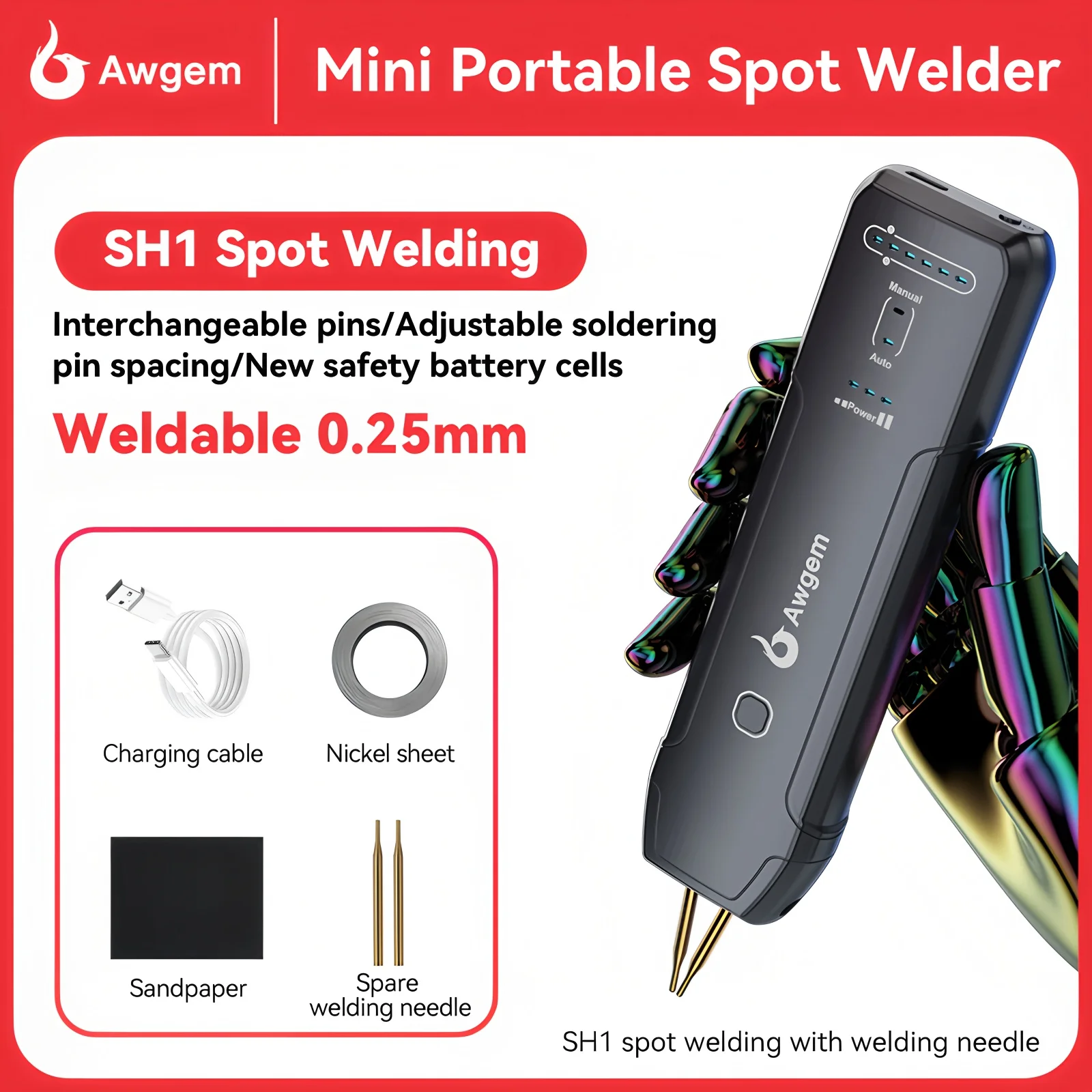 Awgem Portable Spot Welder DIY Handheld Spot Welding Machine 90 Gears Adjustable Spot Welding for 18650 Lithium Battery