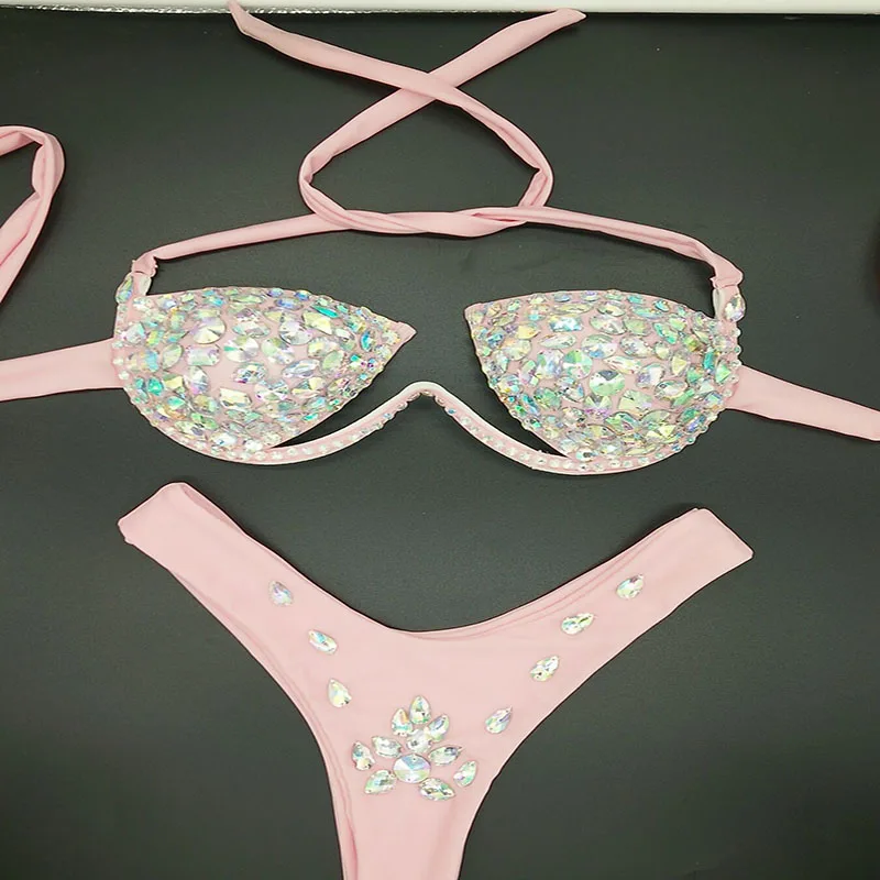Rhinestone Underwire Push Up Bikini Set Lotus Crystal Decor High Cut Two Piece Pole Dance Stage Performance Sparkly Bathing Suit