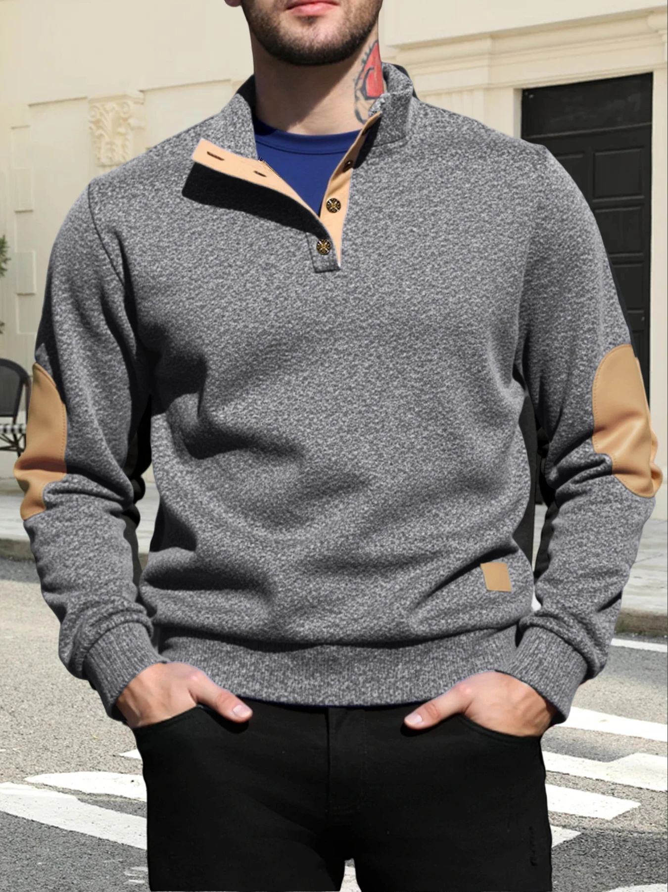 Mens Retro Henley Pullover Tops Stand Collar Sweatshirt Button Placket Elbow Patches Long Sleeve Ribbed Cuffs Hem Casual Wear