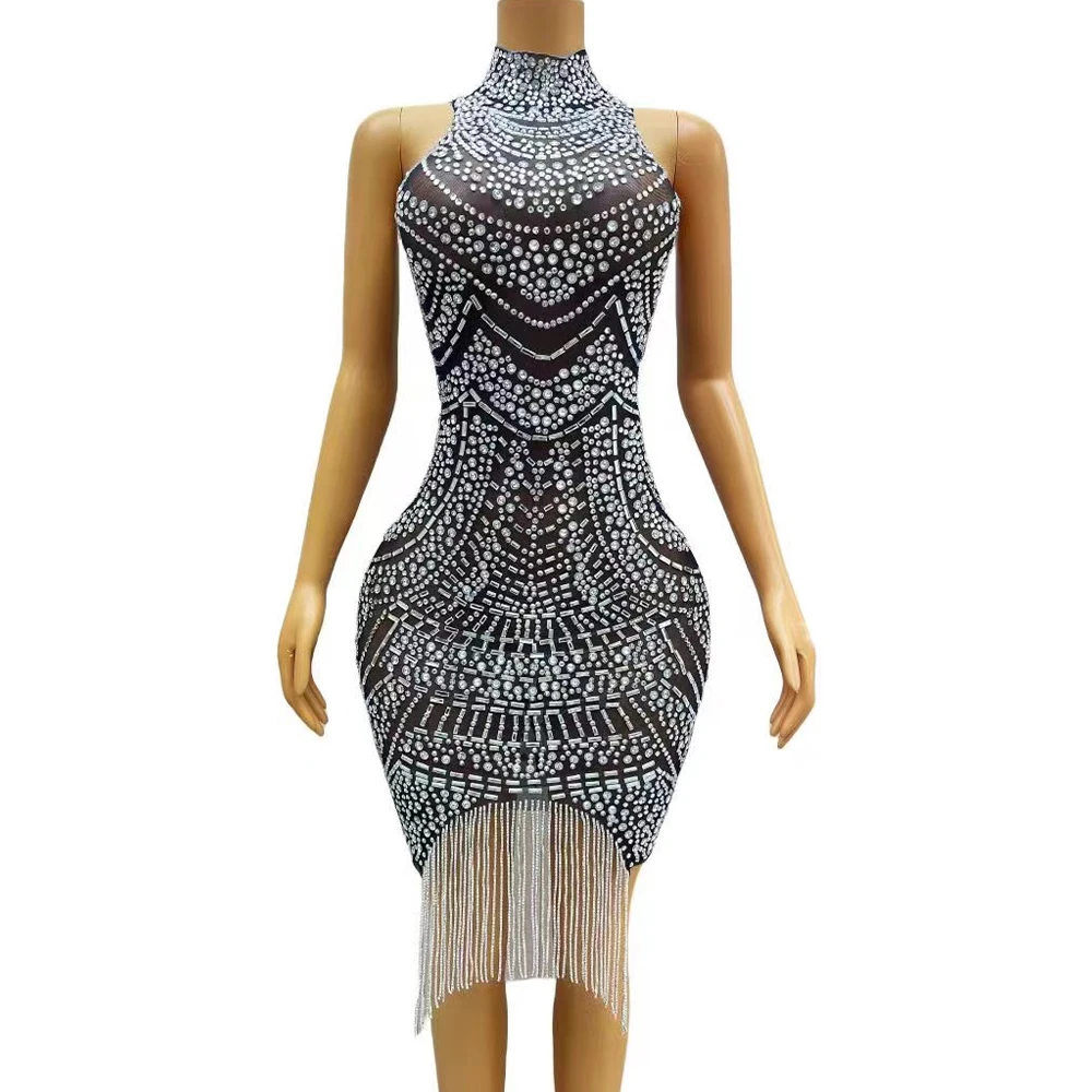 

Sexy Stage Silver Rhinestones Crystals Chains Fringes Dress Women Birthday Celebrate Sleeveless Singer Dancer Photoshoot Dress