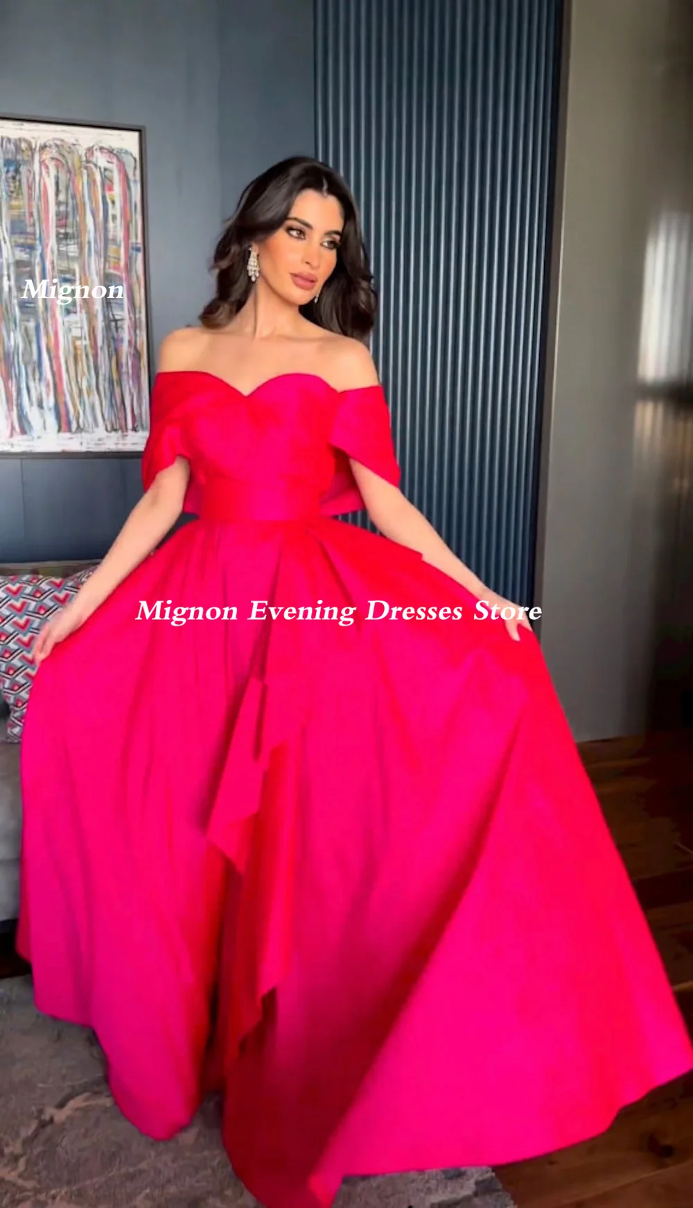 Mignon Satin A-line Prom Gown Off-the-shoulder Neckline Evening Ruffle Formal Floor-length Elegant Party Dresses for Women 2023