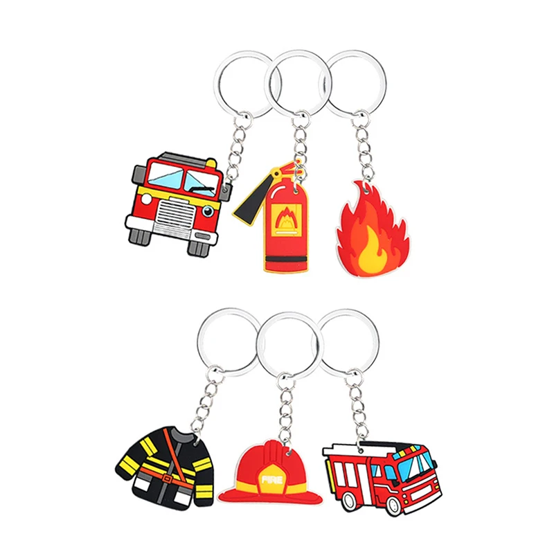 6Pcs Cartoon Firefighter Theme Party Gift Fire Truck PVC Keychains Toy for Kids Birthday Party Favors Pinata Fillers Goodie Bag