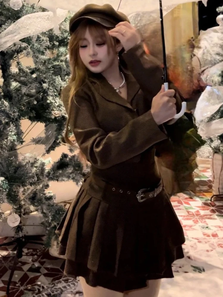 

Рождественский осенний винтажный элегантный женский комплект из 2 предметов Y2k Design Ретро куртка + пояс Шикарное платье Женская тонкая корейская популярная одежда