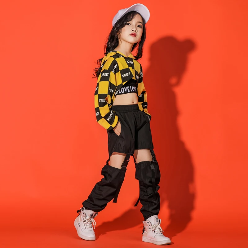 Abbigliamento Hip Hop ragazze Jazz Dance Costume abbigliamento da sala abbigliamento bambini Jazz dance felpe con cappuccio felpa Top Crop Hollow Pants