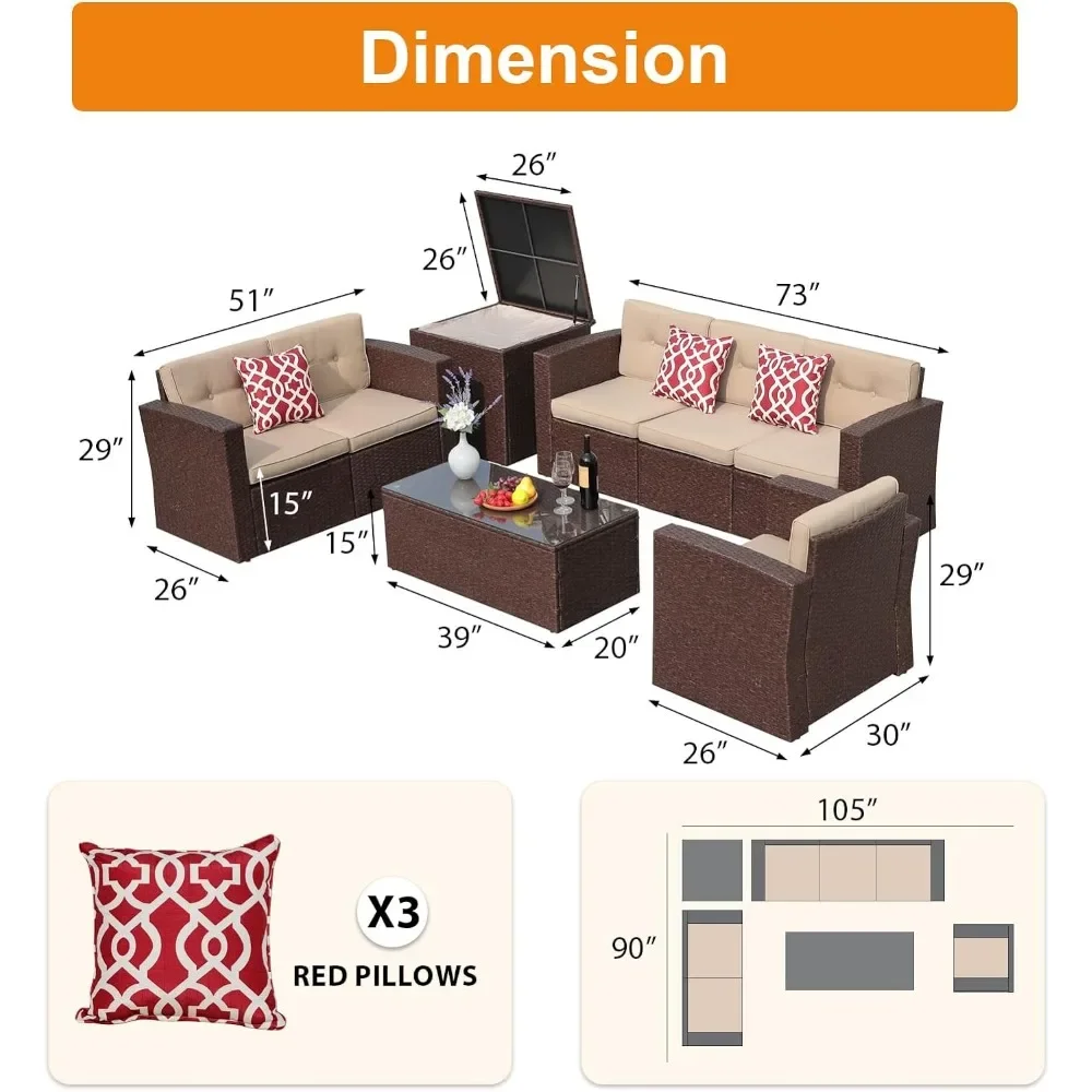 8 Pieces Patio Furniture Sets, All Weather Outdoor  Sofa, U-Shaped PE WickerConversation w/Storage Box,Coffee Table,3 Pillows