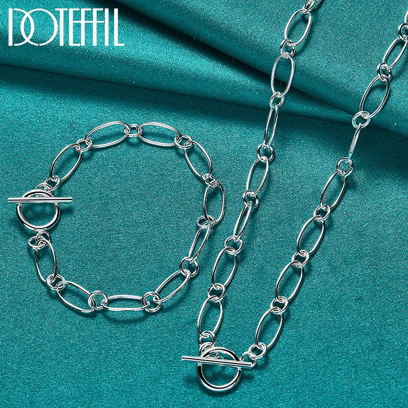 DOTEFFIL 2pcs 925 Sterling Silver Simple Chain Necklace Bracelet For Women Man Wedding Engagement Party Jewelry