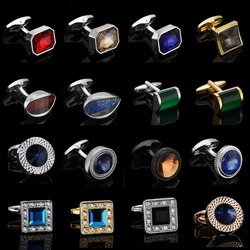 Luxury men's French shirt cufflinks round crystal zircon blue green cat's eye stone cuffs buttons suit accessories jewelry gifts