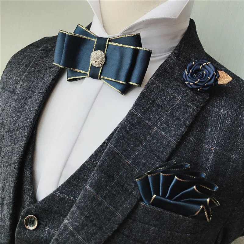 Fashion Bow Tie Brooch Set Men's British Business Banquet Formal Dress Shirt Accessories Wedding Collar Flower Pocket Towel Pins