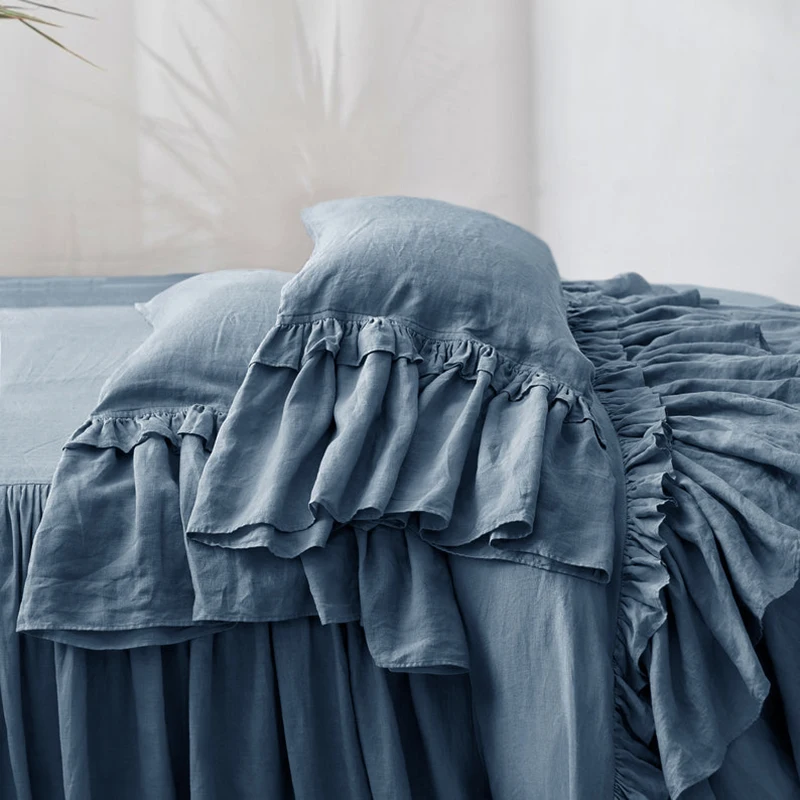 Pure Linen Bedding Set For Woman, Cute Girl Solid Color, Ruffles Duvet Cover And Pillow Covers, Queen King Size