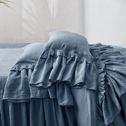 Pure Linen Bedding Set For Woman, Cute Girl Solid Color, Ruffles Duvet Cover And Pillow Covers, Queen King Size