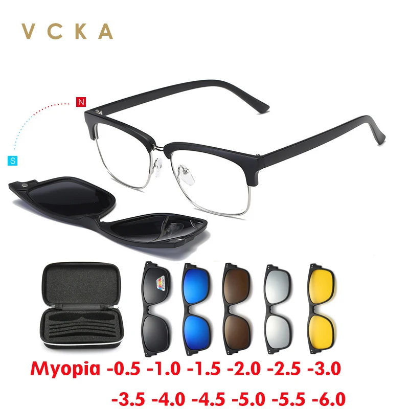 VCKA 6 in 1 Polarized Myopia Sunglasses 2026 NEW Custom Prescription Glasses Men Women Magnet Clip Eyewear Frames -0.5 to -10
