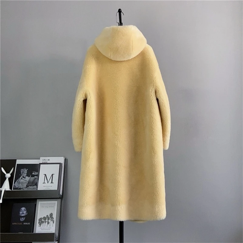 Casaco feminino de lã shearling ovelha, casaco longo com capuz, casaco quente, cabelo de cordeiro, PT431, outono e inverno, 2023