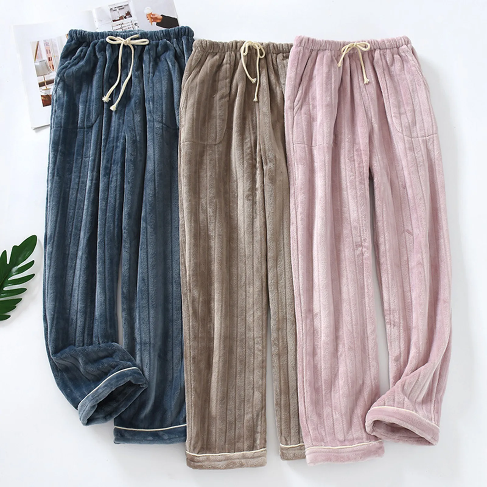 

New Winter Fleece Plush Pajama Pants Thick Men And Women Home Pants Soft Elastic Waist Loose Trousers Solid Pajamas Bottoms