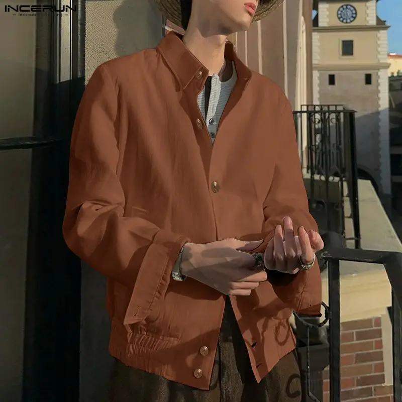

INCERUN Мужская рубашка с однотонными лацканами и длинными рукавами на пуговицах, повседневная мужская одежда, уличная одежда, свободные модные топы в корейском стиле, мужские рубашки
