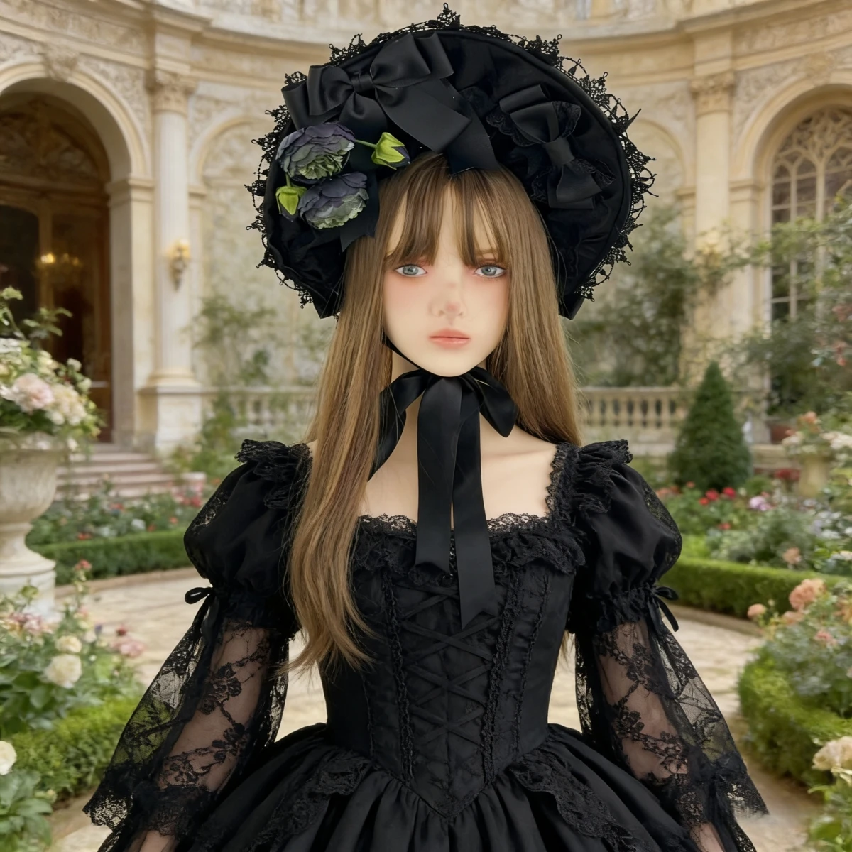 Viktorianische Spitzen-Bonnet-Hüte mit Schleifen- und Blumendesign für Hochzeiten, Cosplay und modische Partys. – Detail 5