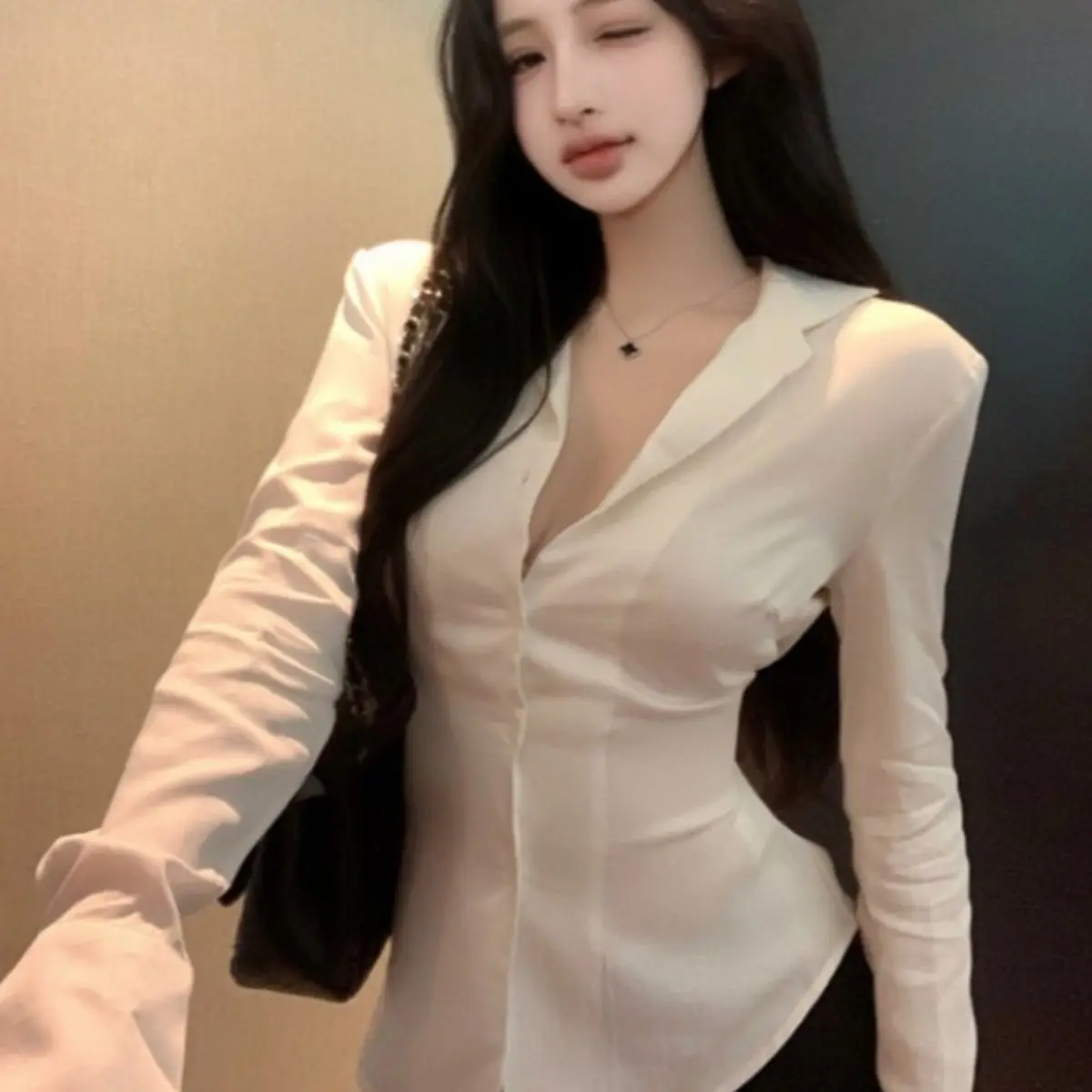Backless Lace Youthful Fashion Black Long Sleeve Shirt Women V Neck Patchwork Elegant Basic Blouse Lady Office Casual White Top