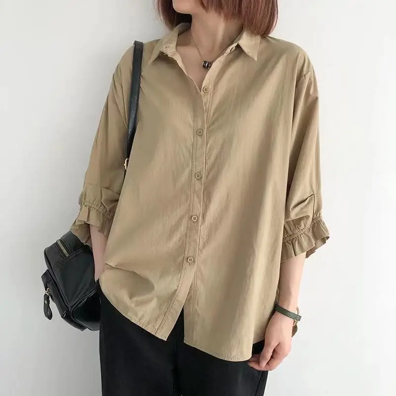 Lantern Sleeves Casual Comfort Shirt for Women\'s 2024 Summer New Korean Edition Loose Large Size Thin Pure Cotton 3/4 Sleeve Top